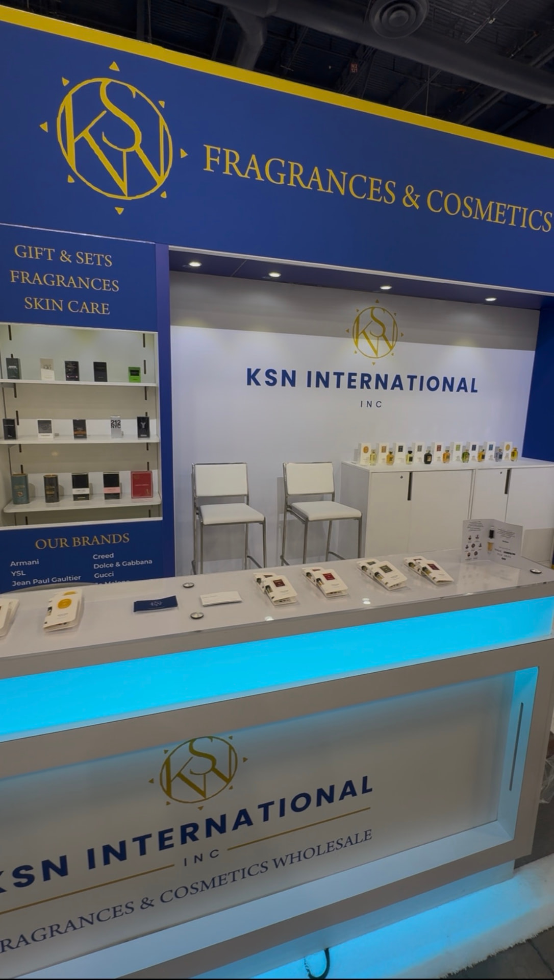 KSN International Inc trade show booth with fragrance and skincare displays