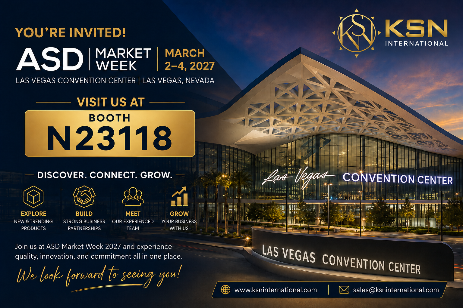 KSN International Inc invitation to ASD Market Week 2027, booth N23118, March 2-4 at the Las Vegas Convention Center