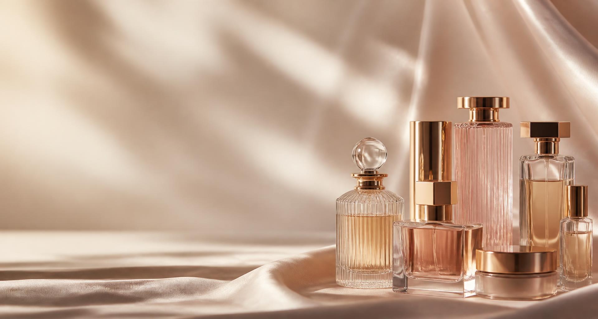 Assortment of luxury perfume bottles and cosmetics on silk